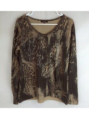 Talia Women's Brown Beaded Animal Print Long Sleeve Shirt Size Medium